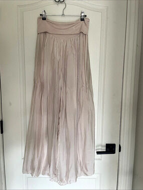 Giusy Made in Italy Fold Over Waistband Silk Pants Tan/ Beige (Size Large)